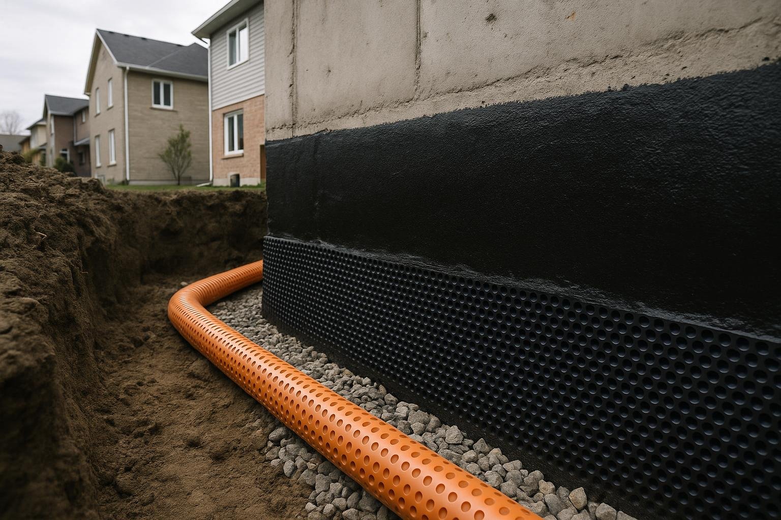 Rubberised waterproofing membrane and new weeping tile installed at the footing of a Toronto home foundation