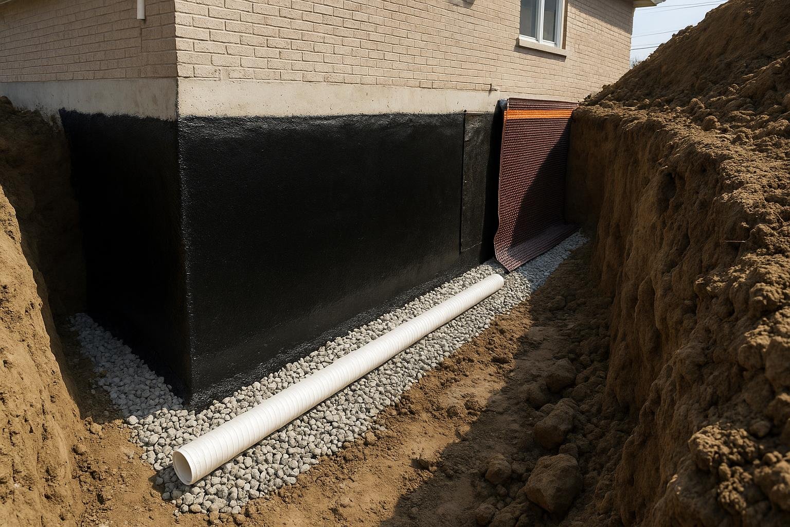 Rubberised waterproofing membrane and new weeping tile installed at the footing of a Vaughan home during excavation