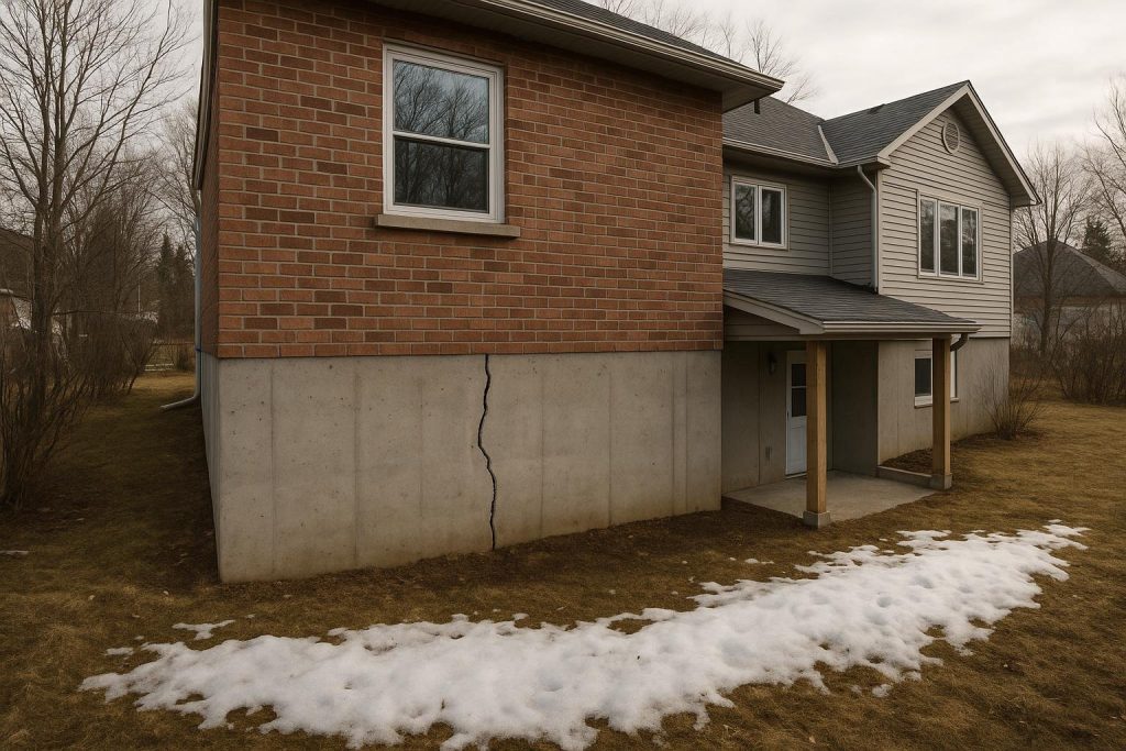 Poured concrete foundation wall with a visible vertical crack in a North Bay residential home