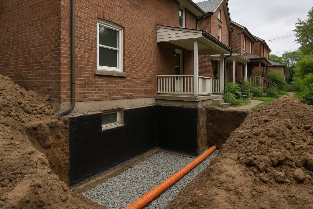 Excavated foundation wall beside a Toronto home showing waterproofing membrane and weeping tile installation