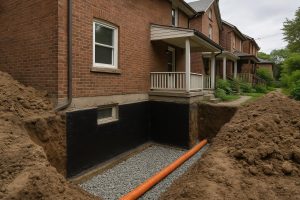 Excavated foundation wall beside a Toronto home showing waterproofing membrane and weeping tile installation