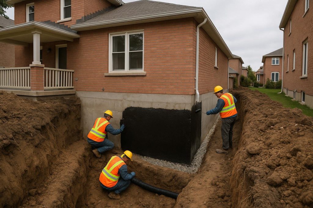 Exterior foundation wall exposed during excavation showing rubberised waterproofing membrane application