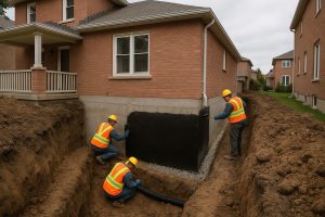 Exterior foundation wall exposed during excavation showing rubberised waterproofing membrane application