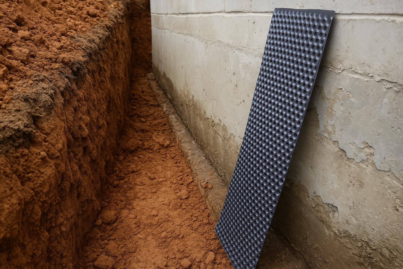 Excavated foundation wall in Hamilton showing dense clay soil and deteriorated parging