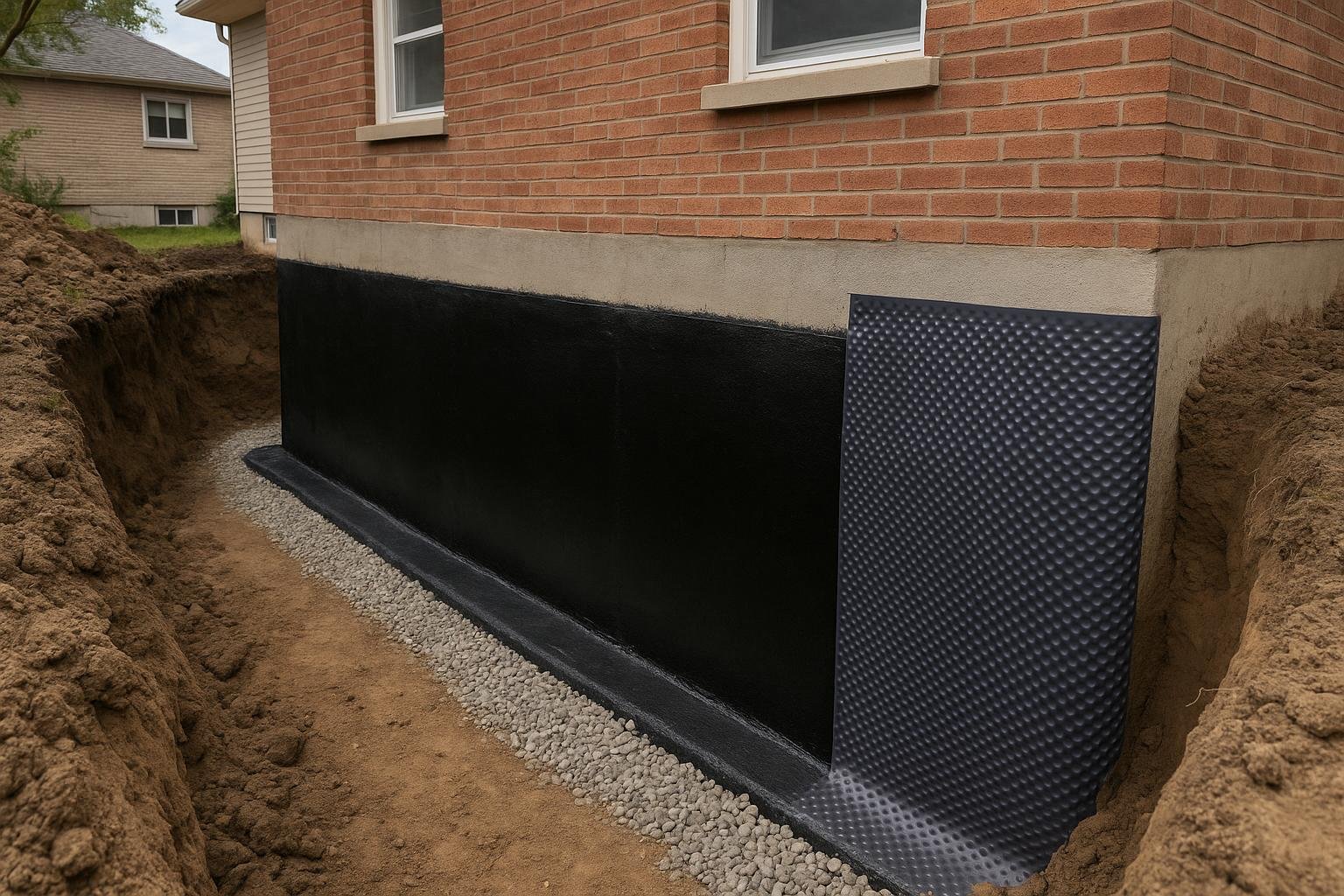 Excavated foundation wall beside a Hamilton home with rubberised membrane and dimpled drainage board installed