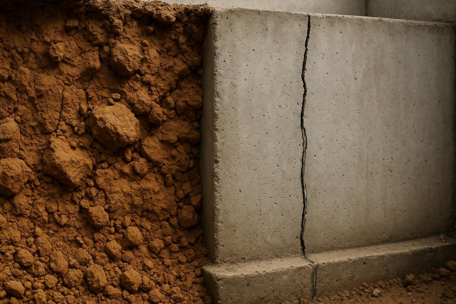 Cross-section view of clay soil pressing against a concrete foundation wall with moisture seeping through a crack