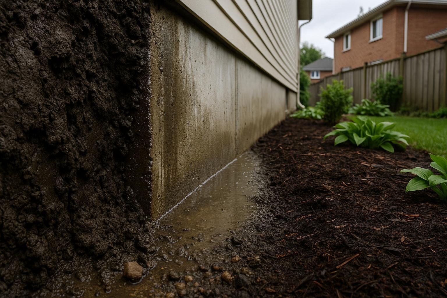 Cross-section view of saturated clay soil pressing against a concrete foundation wall beside a basement