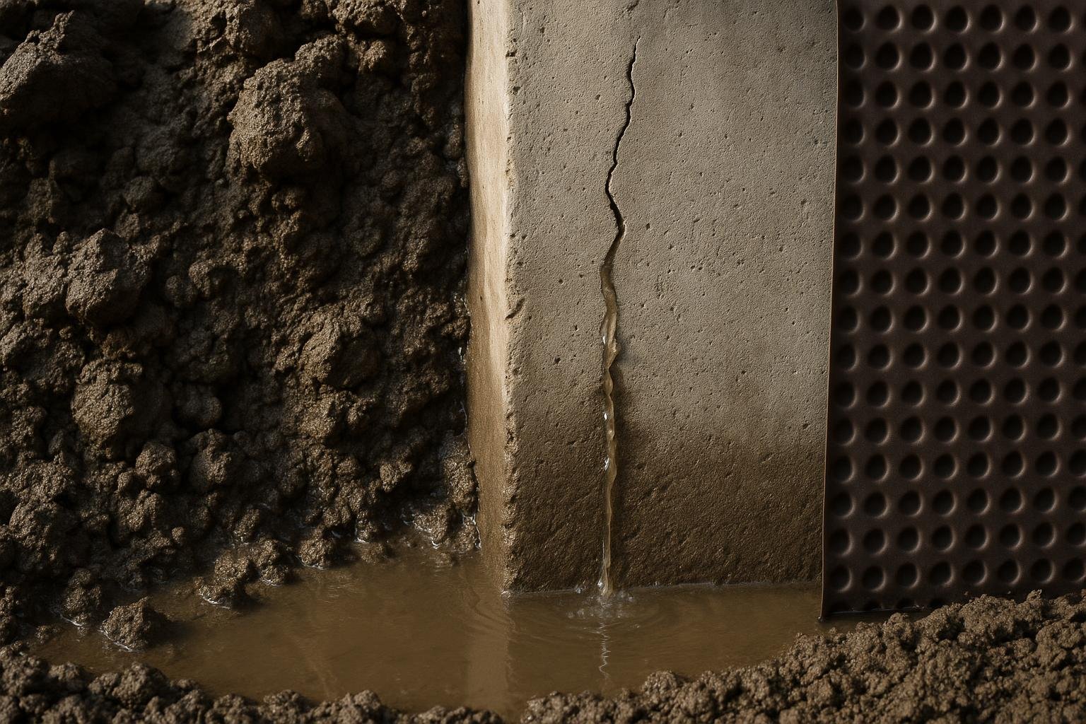 Cross-section view of saturated clay soil pressing against a concrete foundation wall with visible moisture