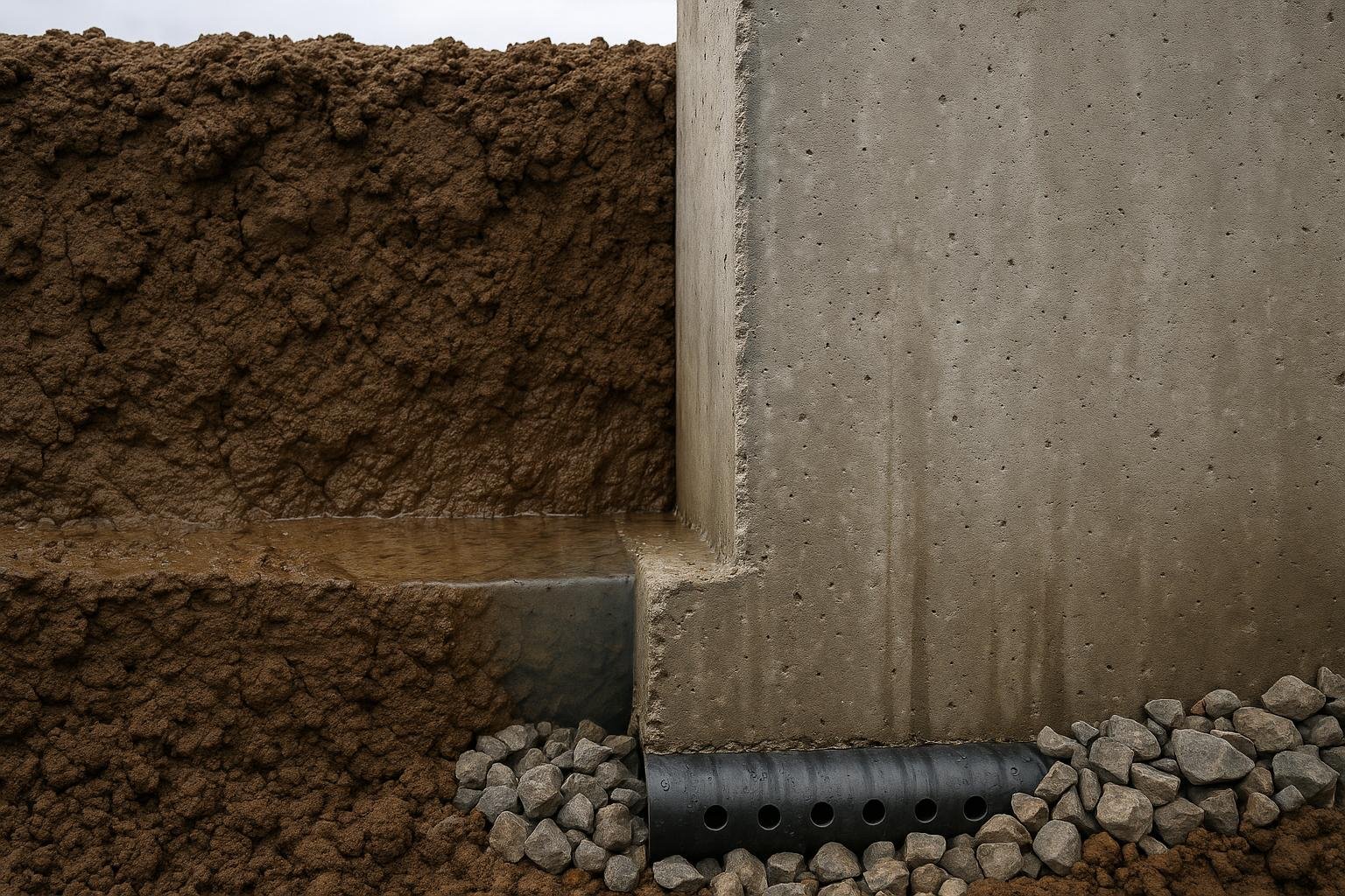 Cross-section diagram showing saturated clay soil pressing against a concrete foundation wall with weeping tile at the footing