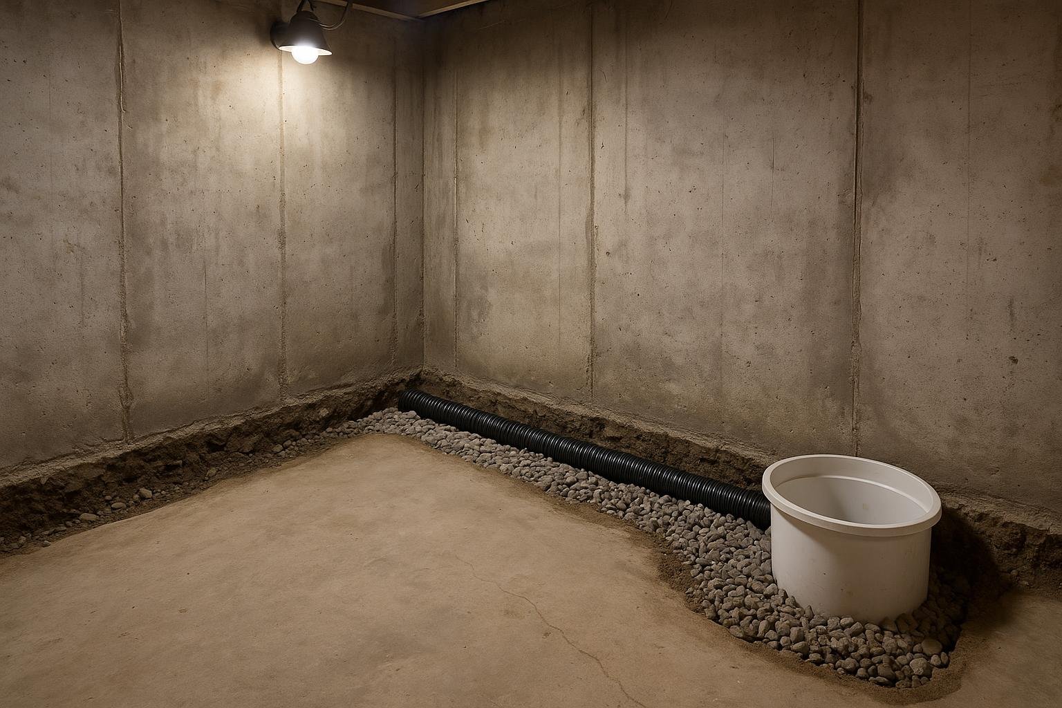 Interior basement perimeter trench with new weeping tile in clear stone leading to a sump pump basin