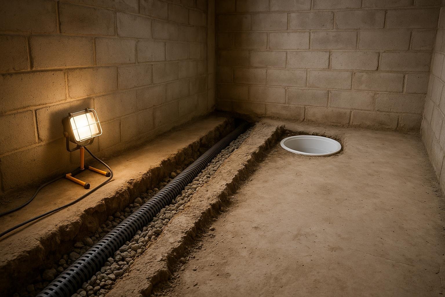 Interior weeping tile trench along basement perimeter leading to a new sump basin