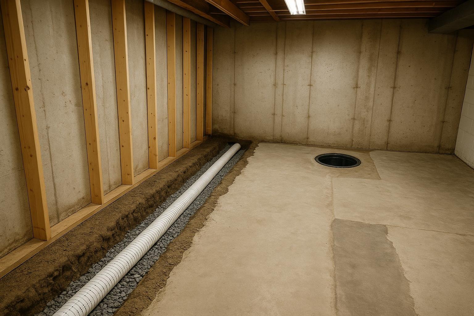Interior weeping tile trench and sump basin installation along a basement perimeter in Ontario