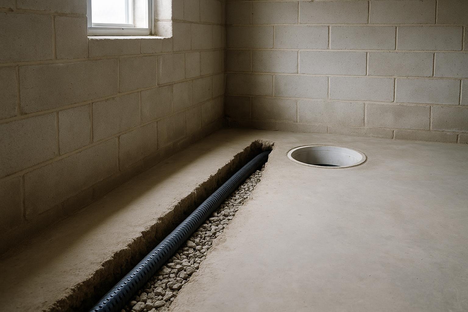 Interior basement perimeter trench with perforated weeping tile in clear stone leading to a white sump pump basin