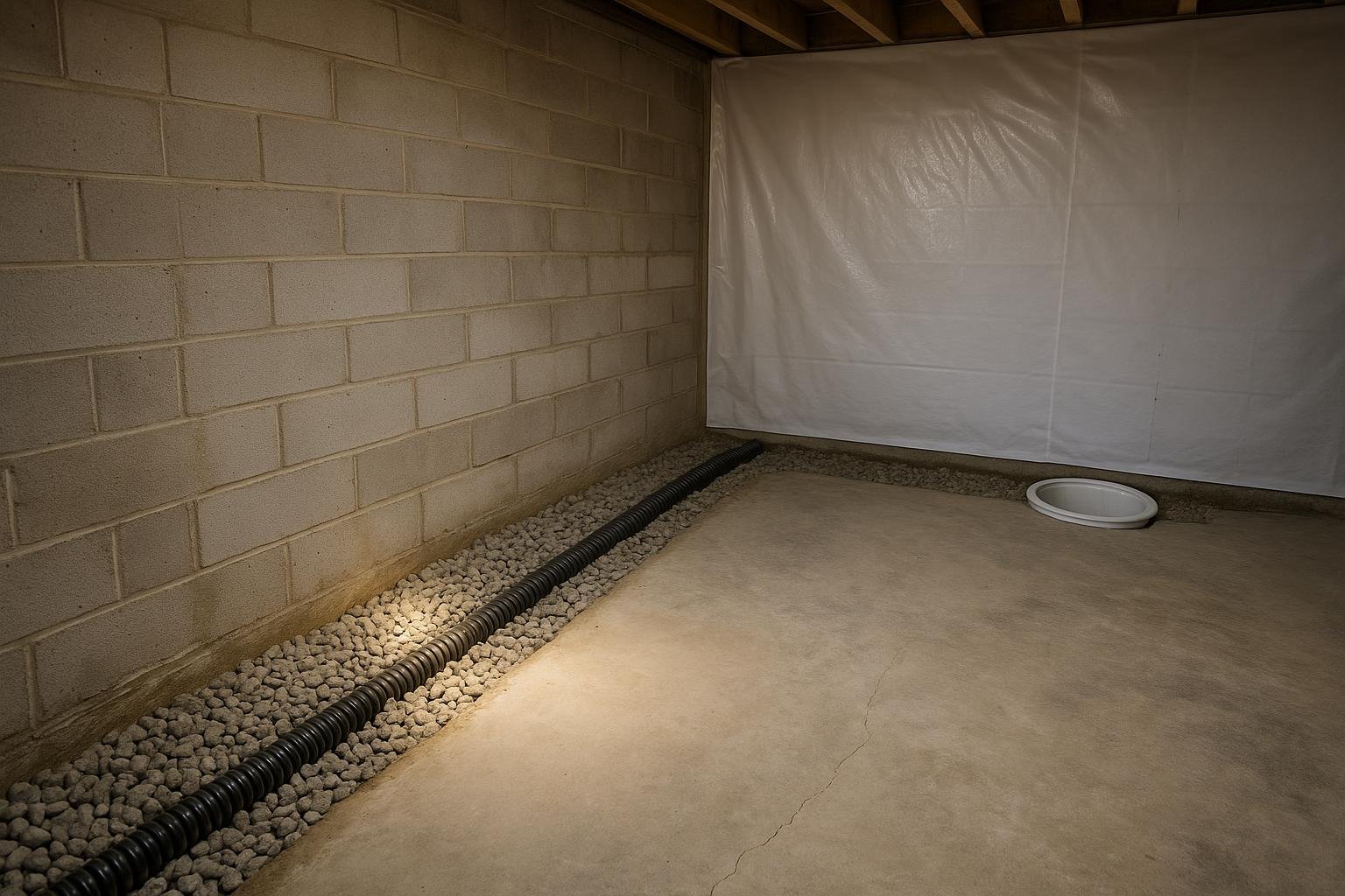 Interior basement floor opened along perimeter showing new weeping tile channel leading to sump basin