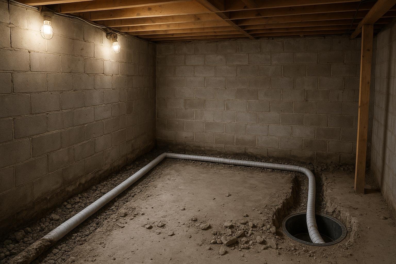 Workers installing interior weeping tile channel and sump basin along a Toronto basement perimeter