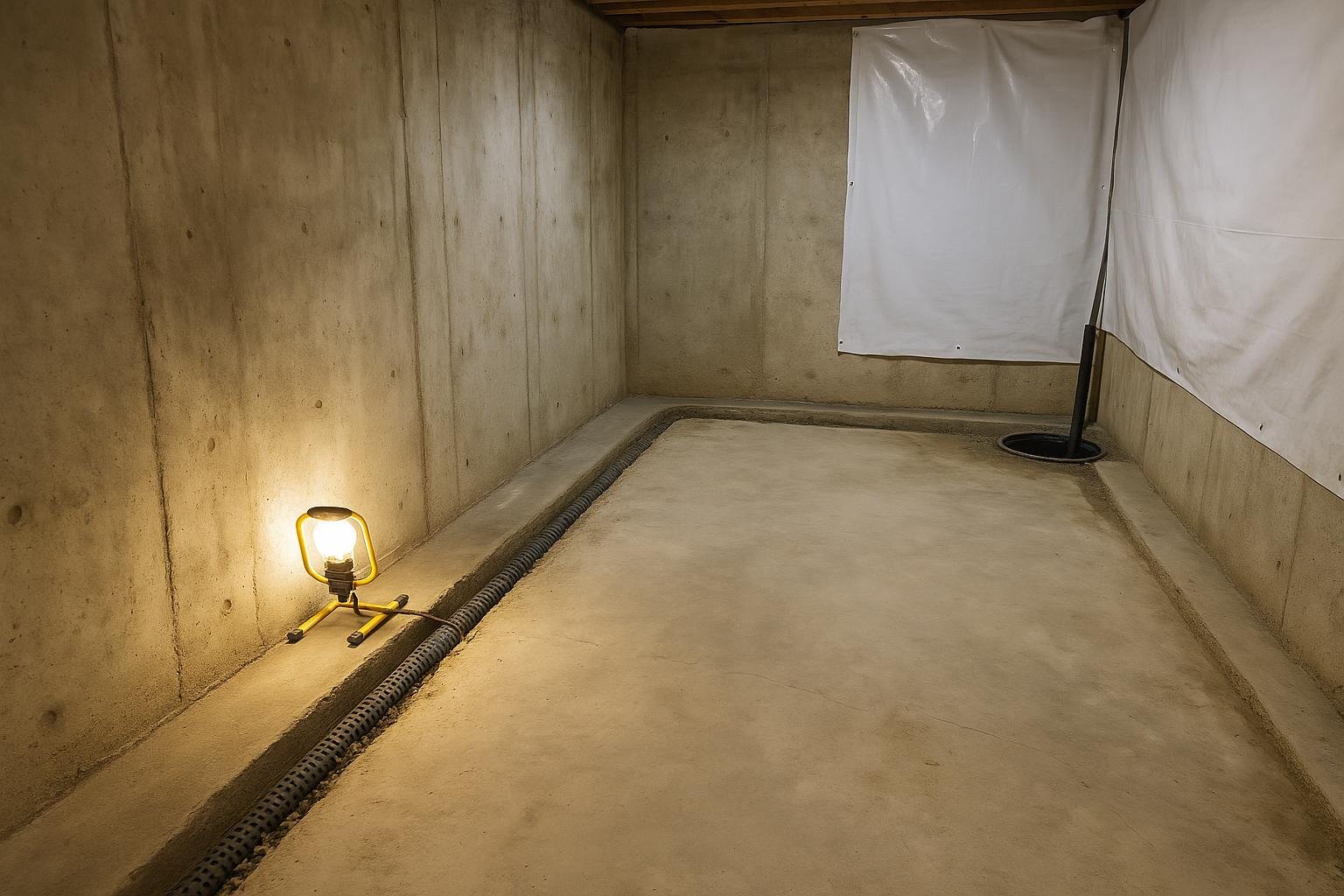 Interior basement floor with perimeter weeping tile channel and sump pump basin installed before concrete re-pour
