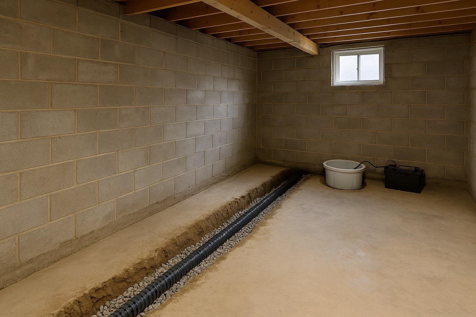 Interior weeping tile trench along cottage basement perimeter with perforated pipe in clear stone before concrete re-pour
