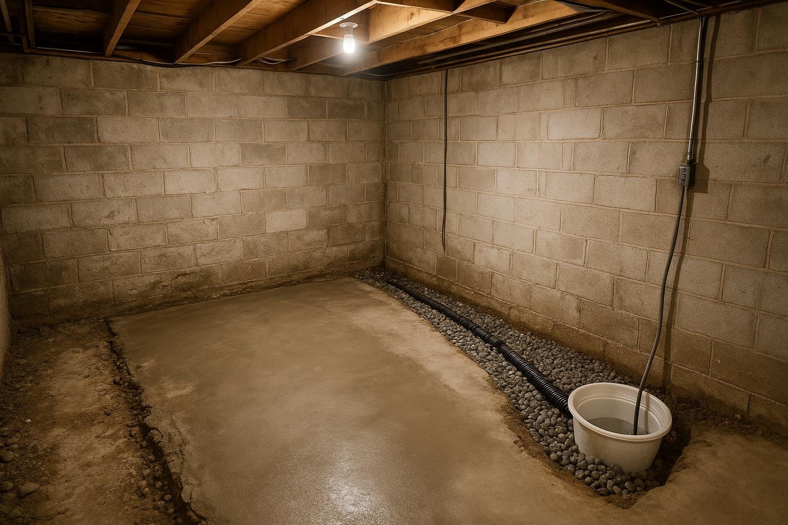 Interior weeping tile channel and sump pump basin installed in an Ontario basement floor