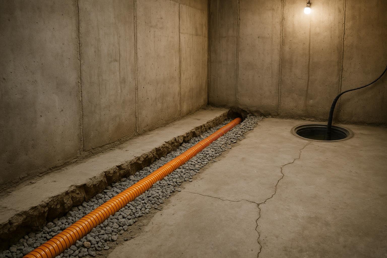 Interior weeping tile trench and sump pump basin being installed in an Ontario basement