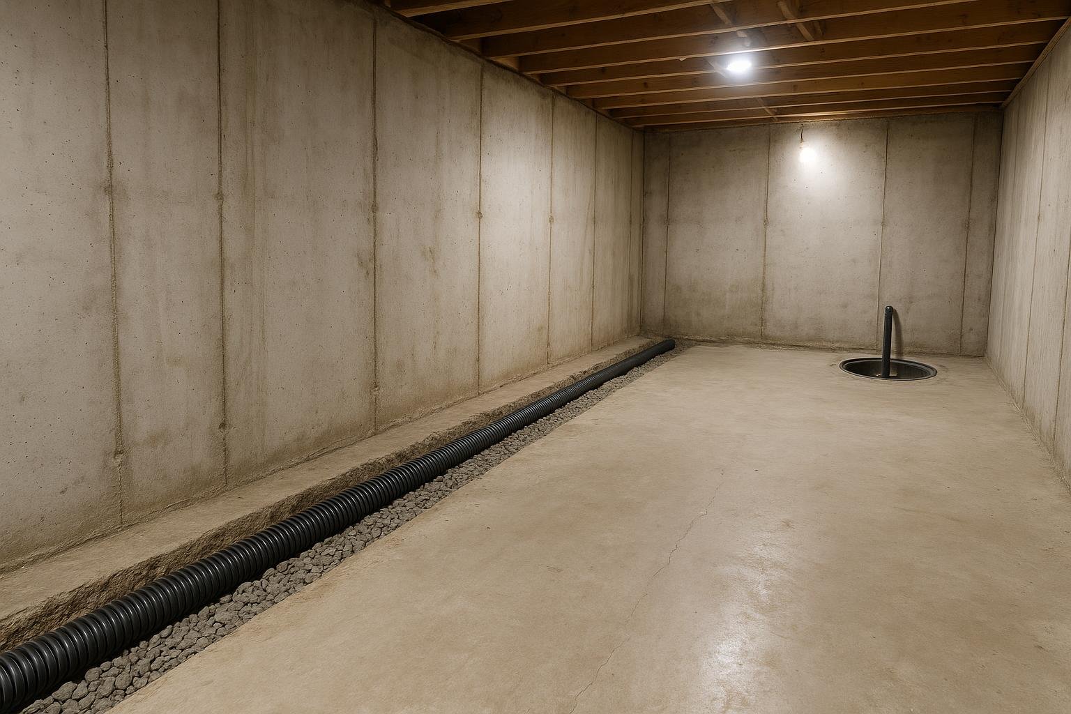 Interior basement perimeter trench with weeping tile pipe leading to a sump pump basin during installation