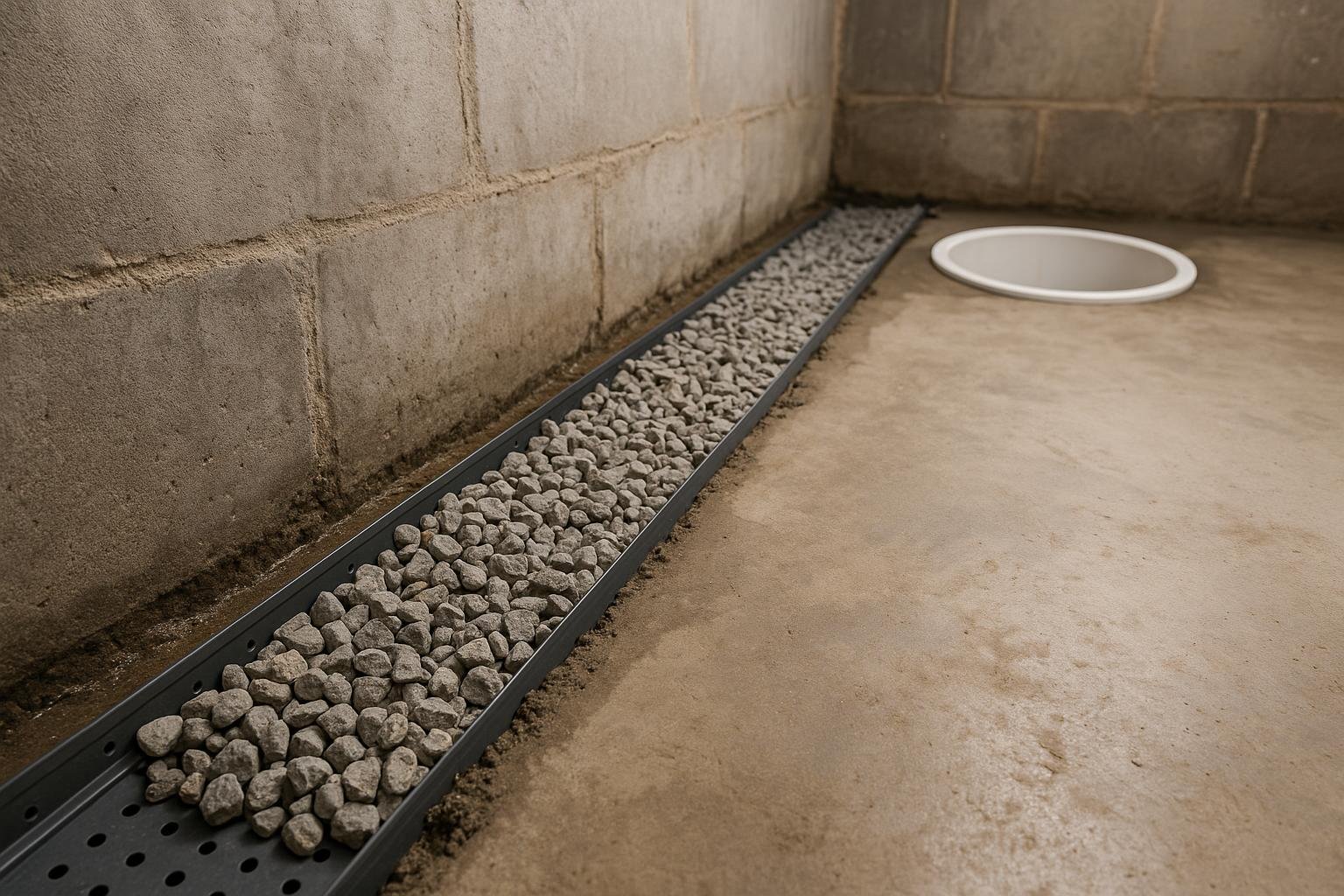 Interior basement weeping tile channel and sump pump basin installed along the perimeter of a concrete floor