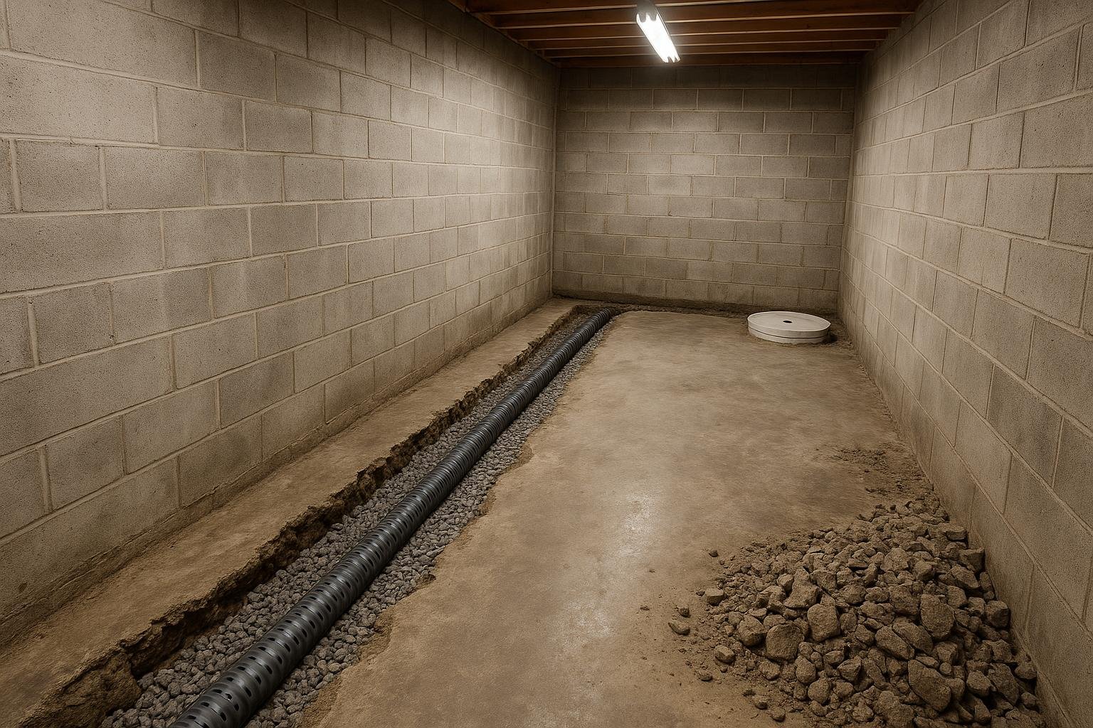 Interior basement perimeter with newly installed weeping tile pipe in a gravel trench beside a sump pump pit