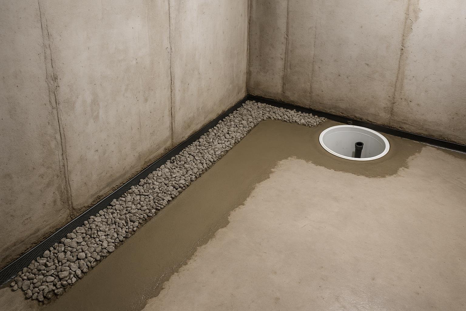 Interior weeping tile channel and sump pump basin installed in a Hamilton basement