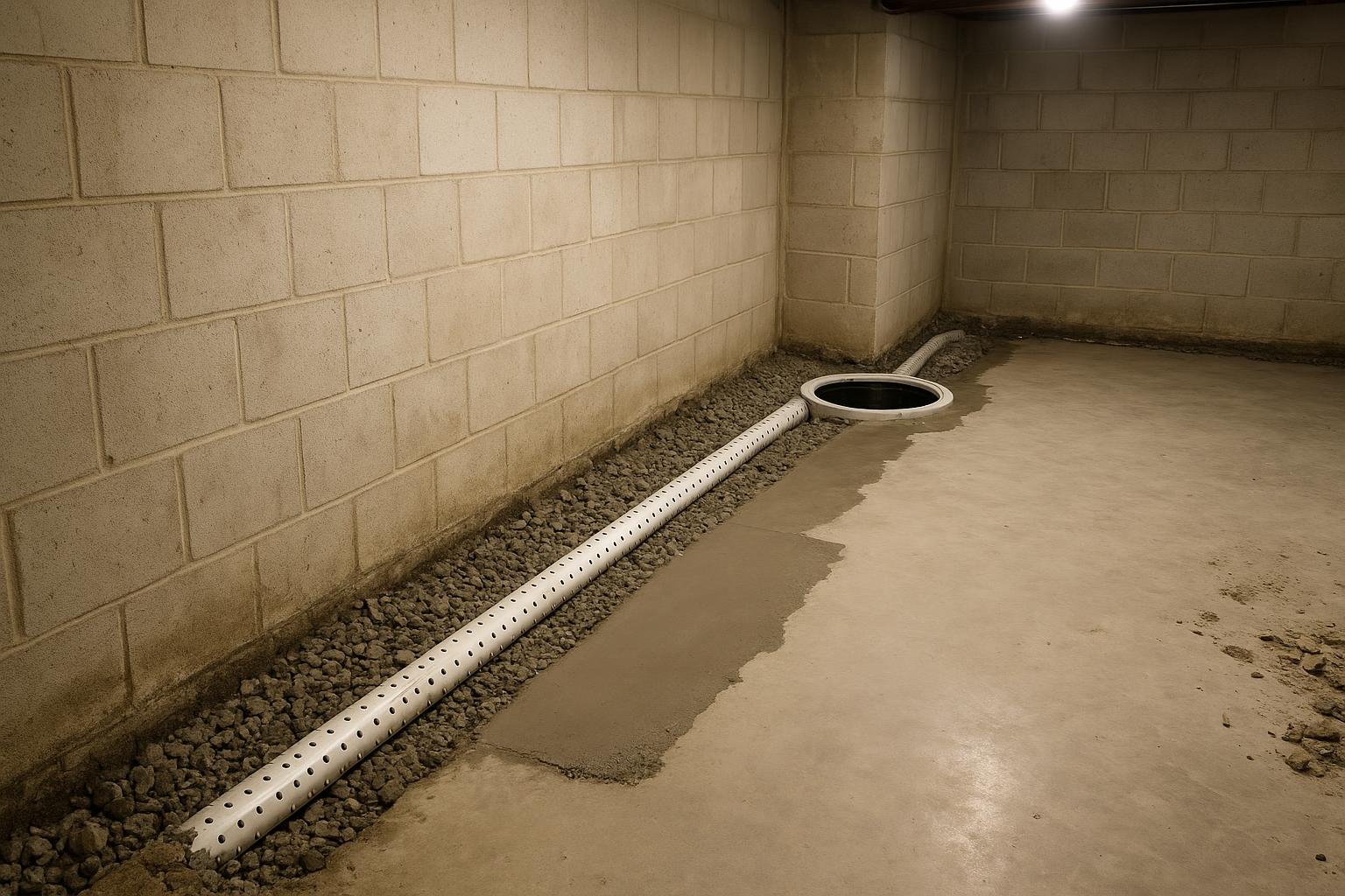 Interior basement perimeter with newly installed weeping tile channel and sump pump basin in a Kitchener home