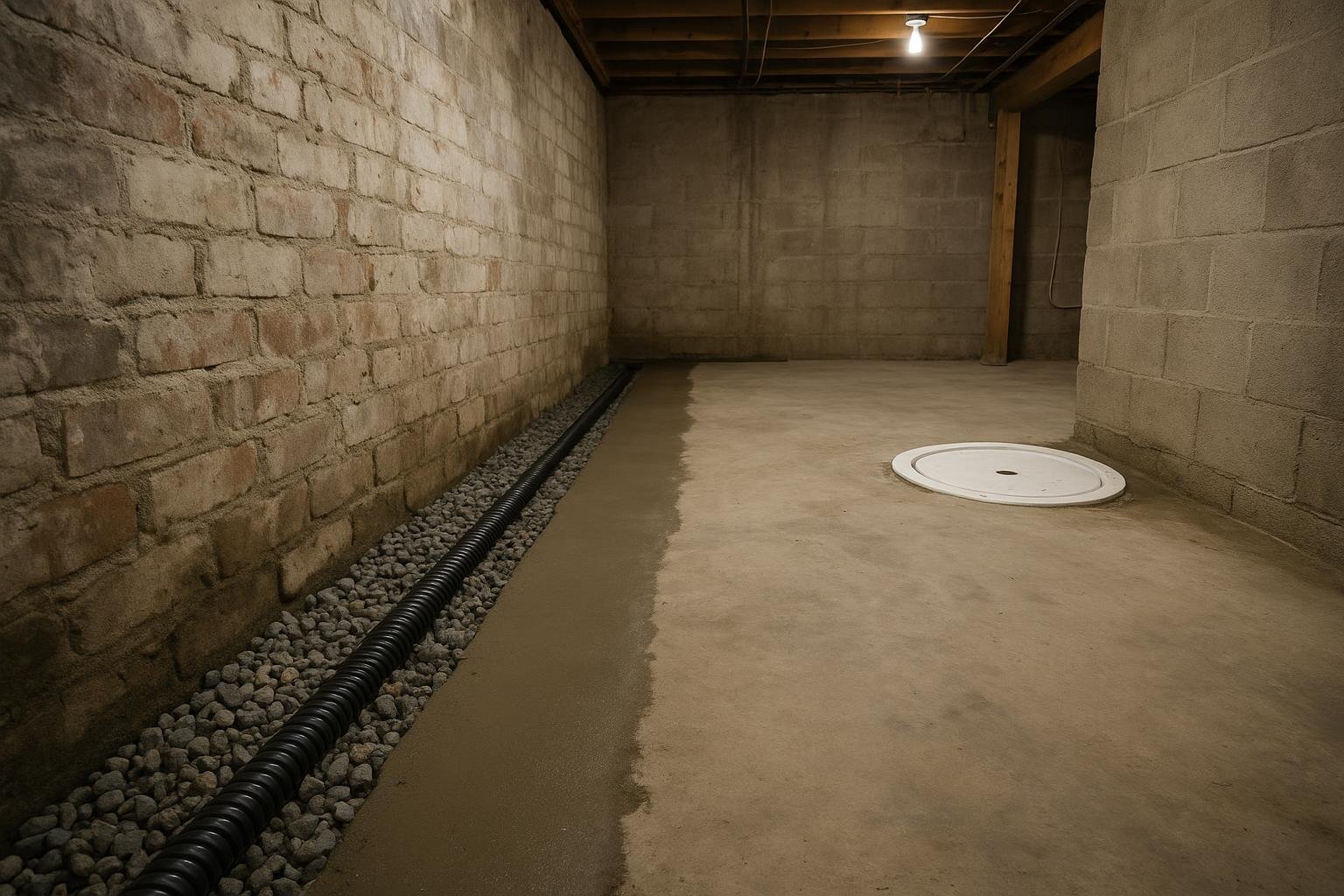 Interior weeping tile channel and sump pump basin installed along basement perimeter in Ontario home