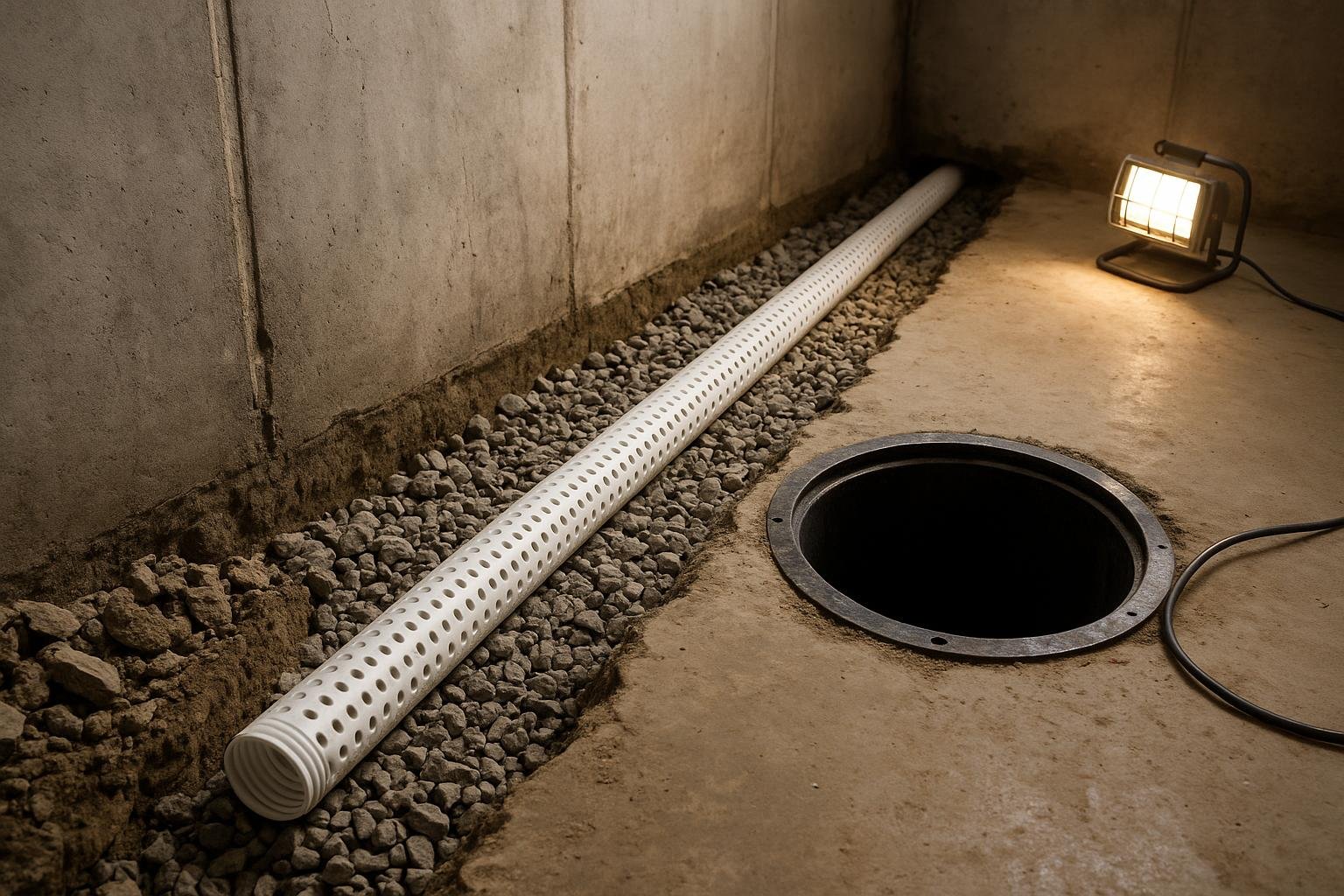 Perforated weeping tile pipe being installed in a basement perimeter drainage channel