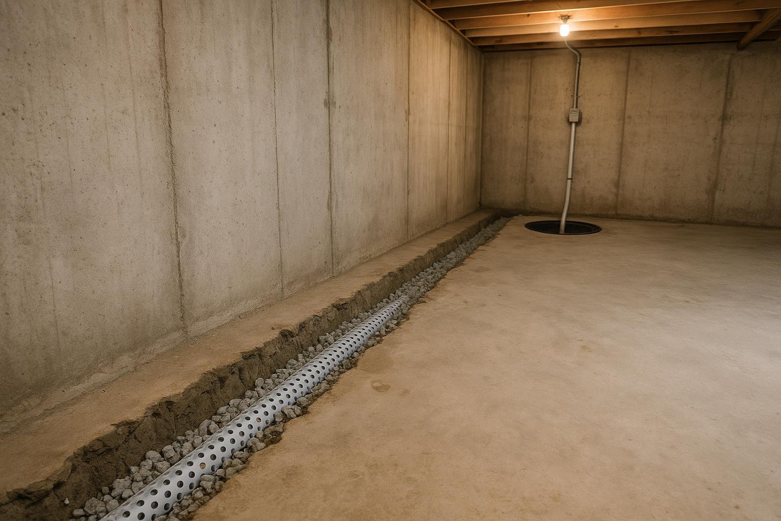 Interior basement perimeter channel with weeping tile and sump pump basin installation in progress