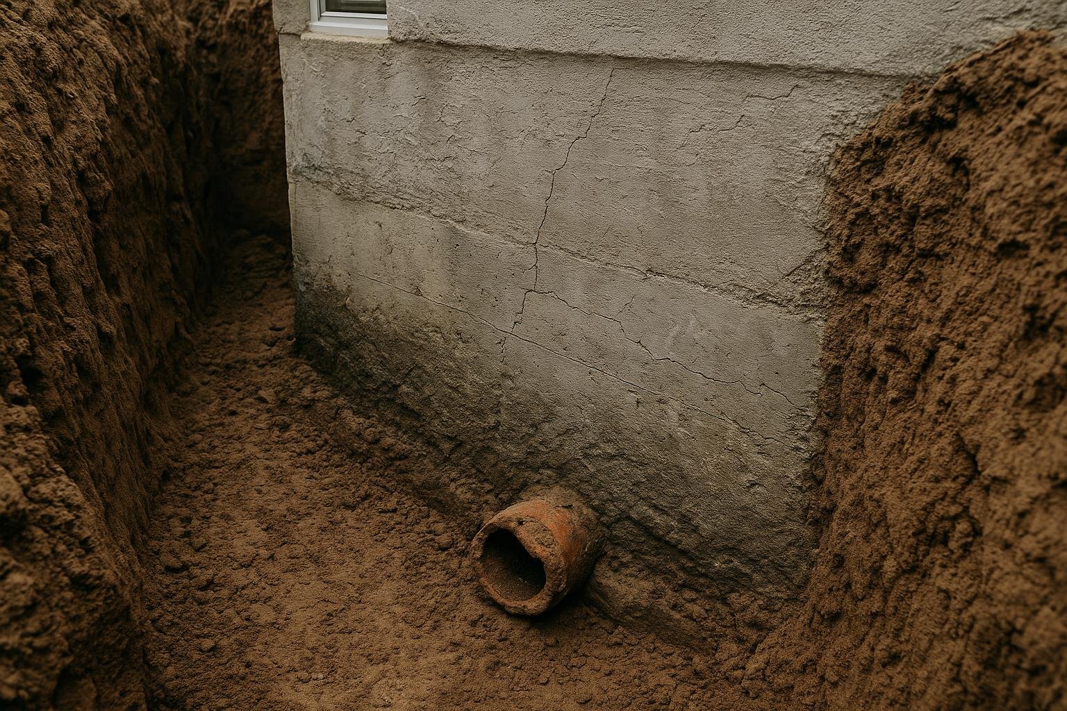 Excavated foundation wall beside a Kitchener home revealing clay soil and deteriorated original weeping tile at the footing