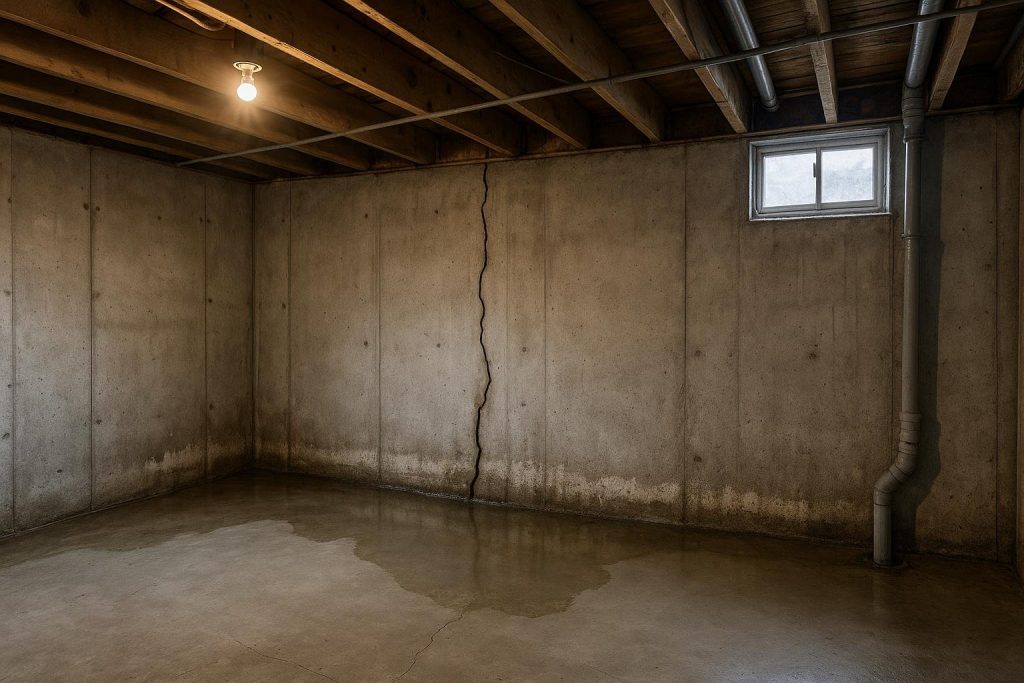 Water seeping through a poured concrete basement wall crack in a Hamilton home