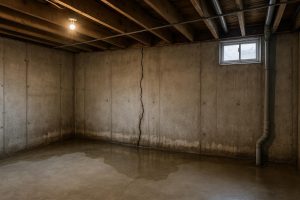 Water seeping through a poured concrete basement wall crack in a Hamilton home