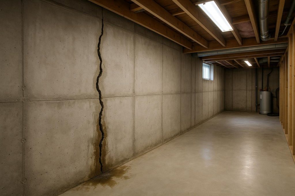 Water seeping through a poured concrete basement wall crack in a Mississauga home