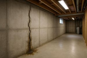 Water seeping through a poured concrete basement wall crack in a Mississauga home