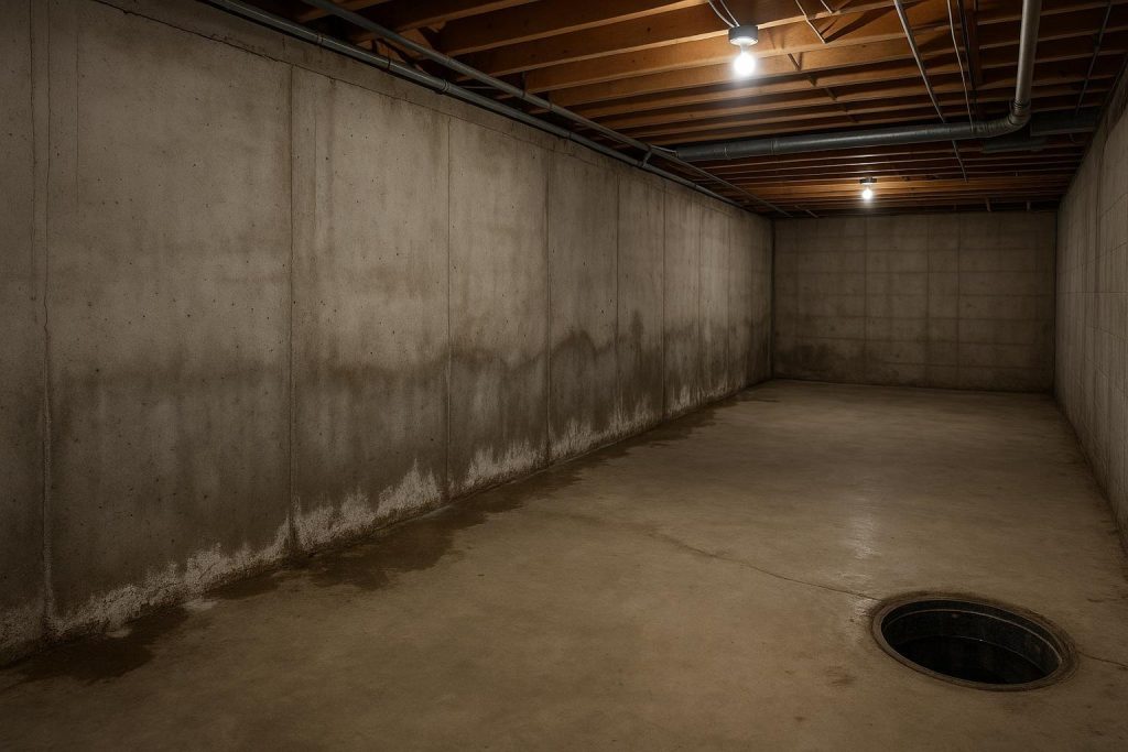 Water seeping through a poured concrete basement wall in a North Bay home