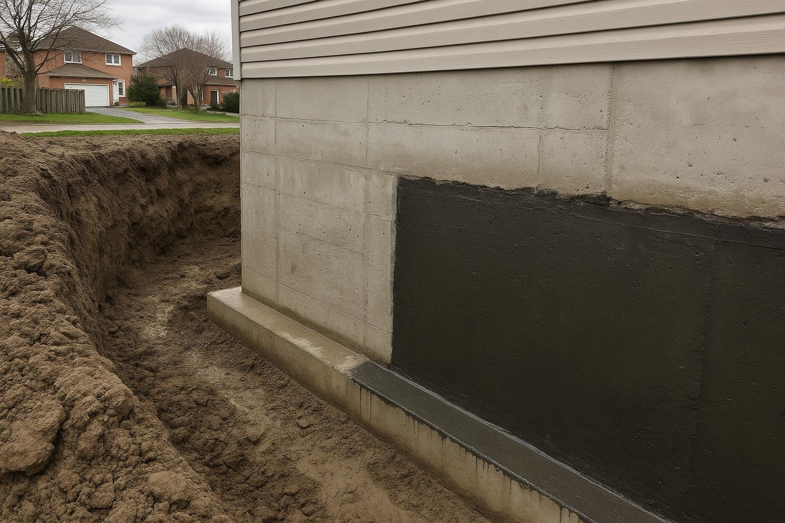 Excavated foundation wall beside Mississauga home showing clay soil and waterproofing membrane