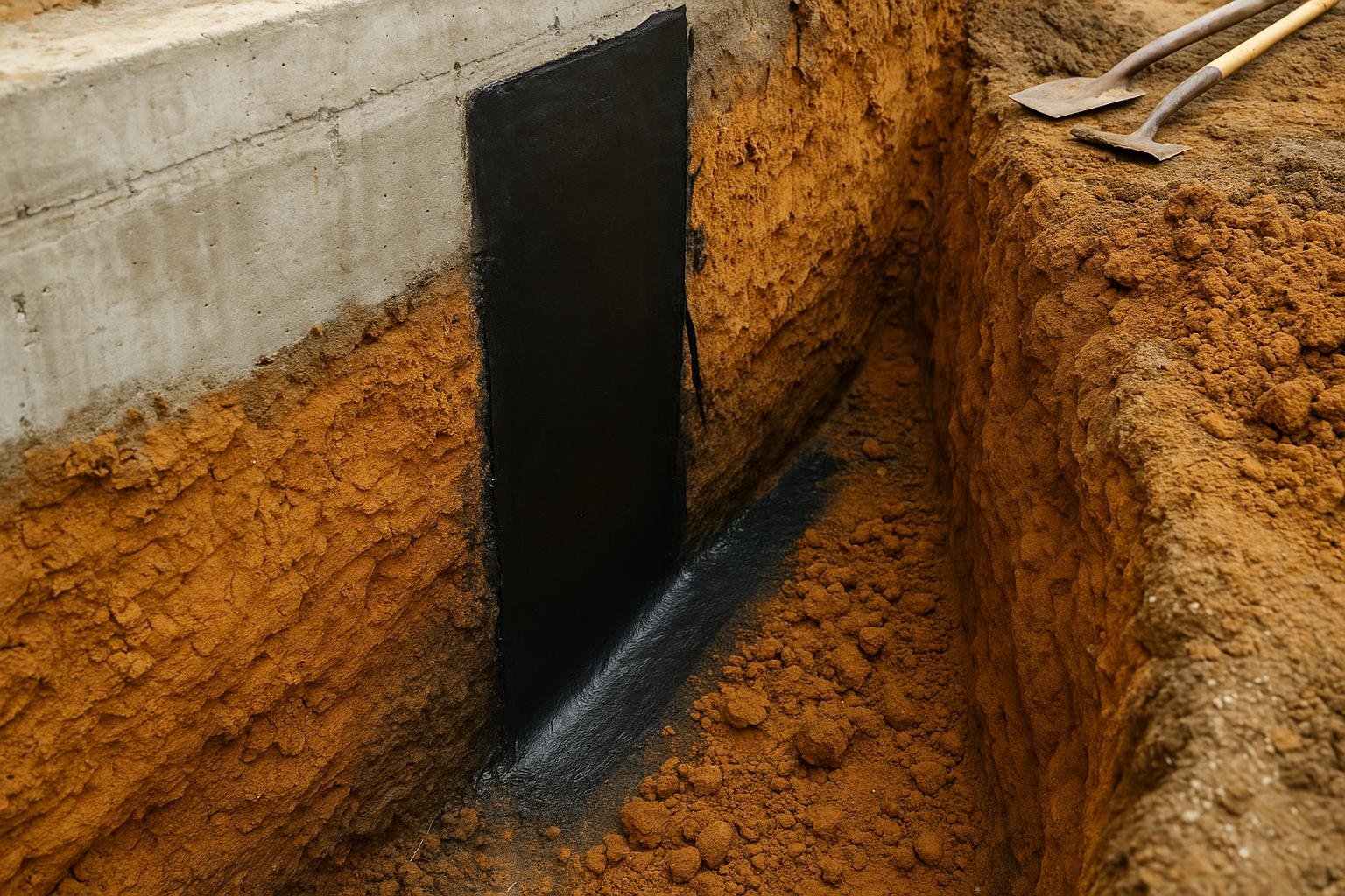 Excavated foundation wall in Mississauga clay soil showing waterproofing membrane being applied