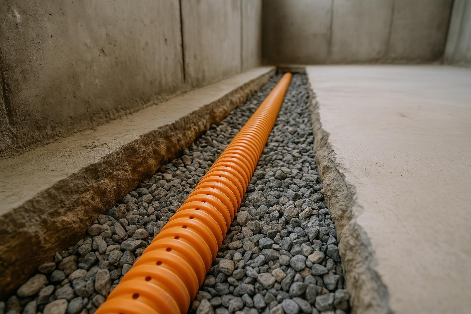 Perforated weeping tile bedded in clear stone inside a residential basement perimeter trench