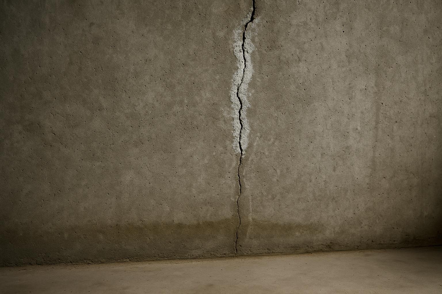 Close view of a poured concrete cottage basement wall with a vertical shrinkage crack and white efflorescence deposits