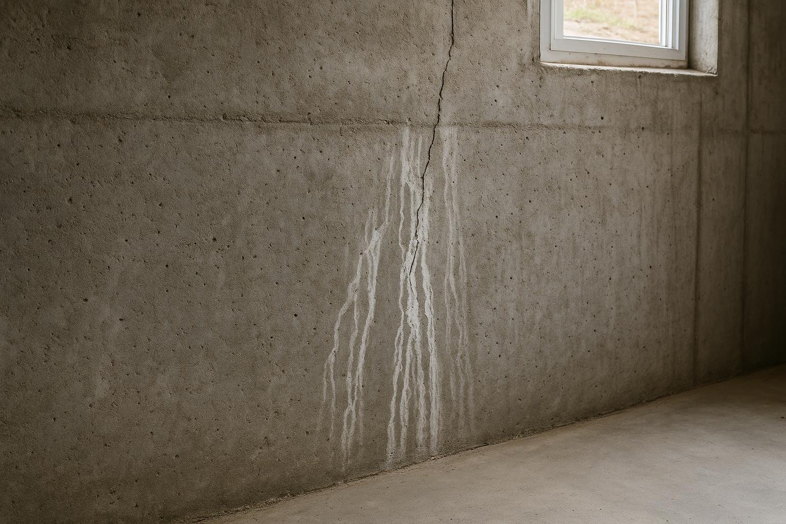White efflorescence mineral deposits on a damp concrete basement wall in a North Bay home