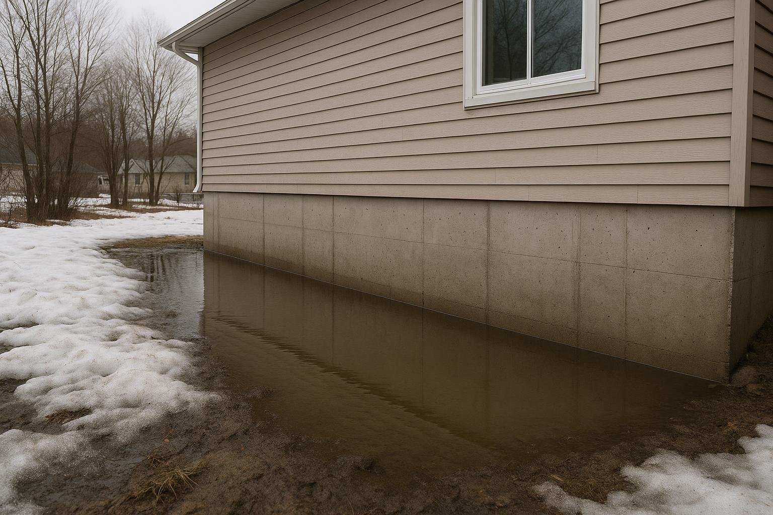 Snowmelt running toward a residential foundation wall in early spring in Ontario