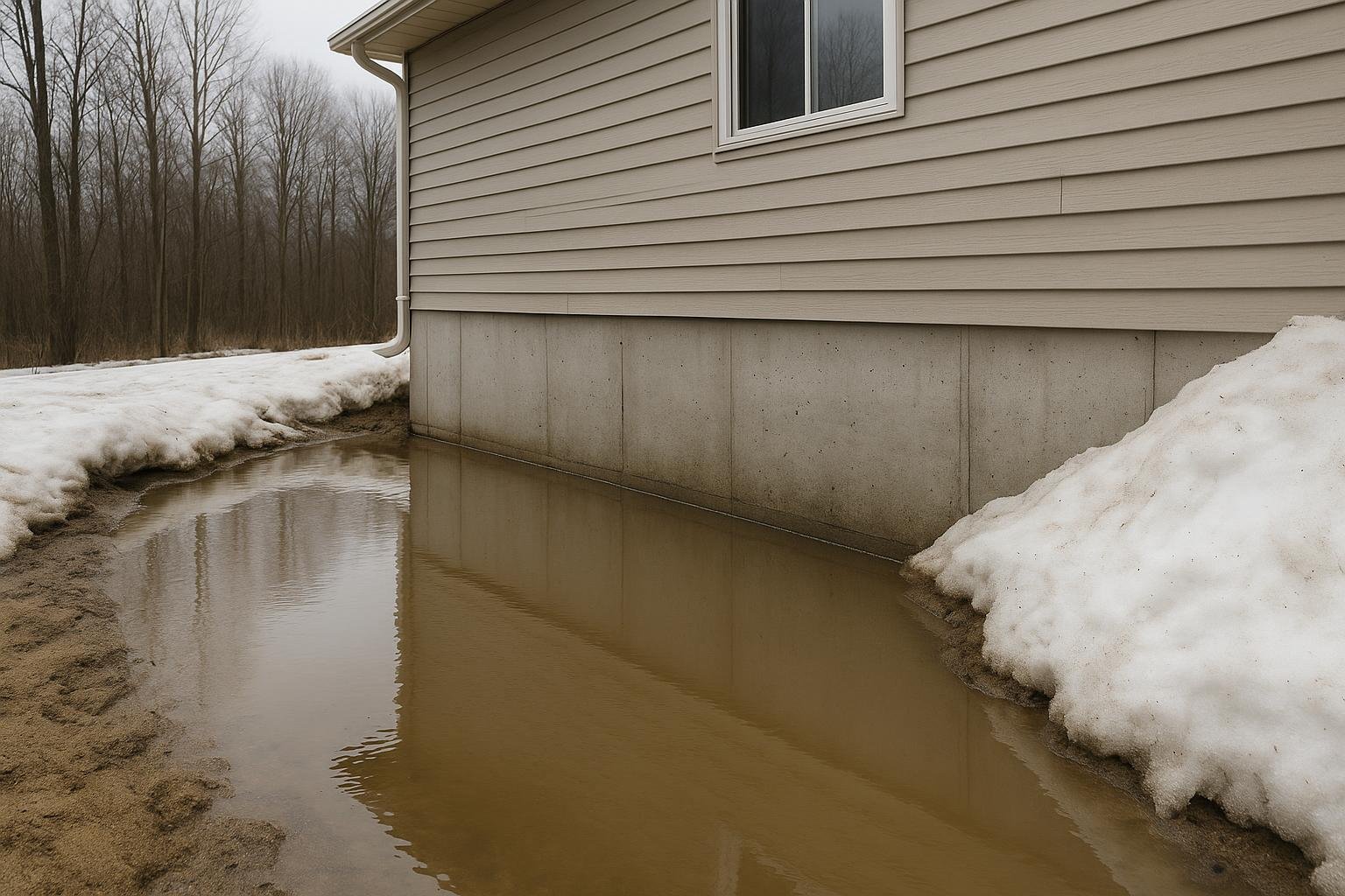 Saturated soil and snowmelt pooling against a residential foundation wall in early spring