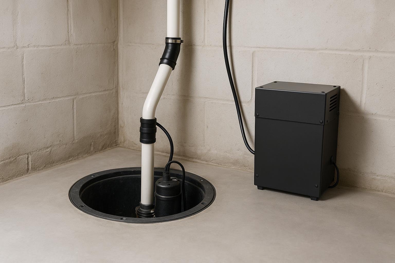 Submersible sump pump with battery backup unit installed in a residential basement sump basin