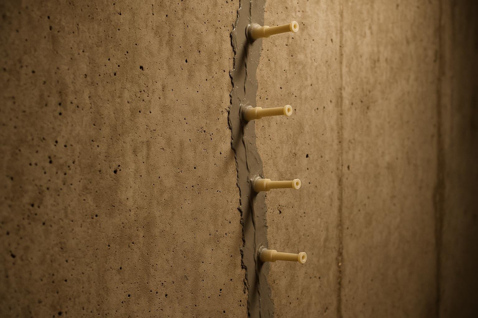Interior basement wall with injection ports installed along a vertical concrete crack ready for polyurethane foam injection