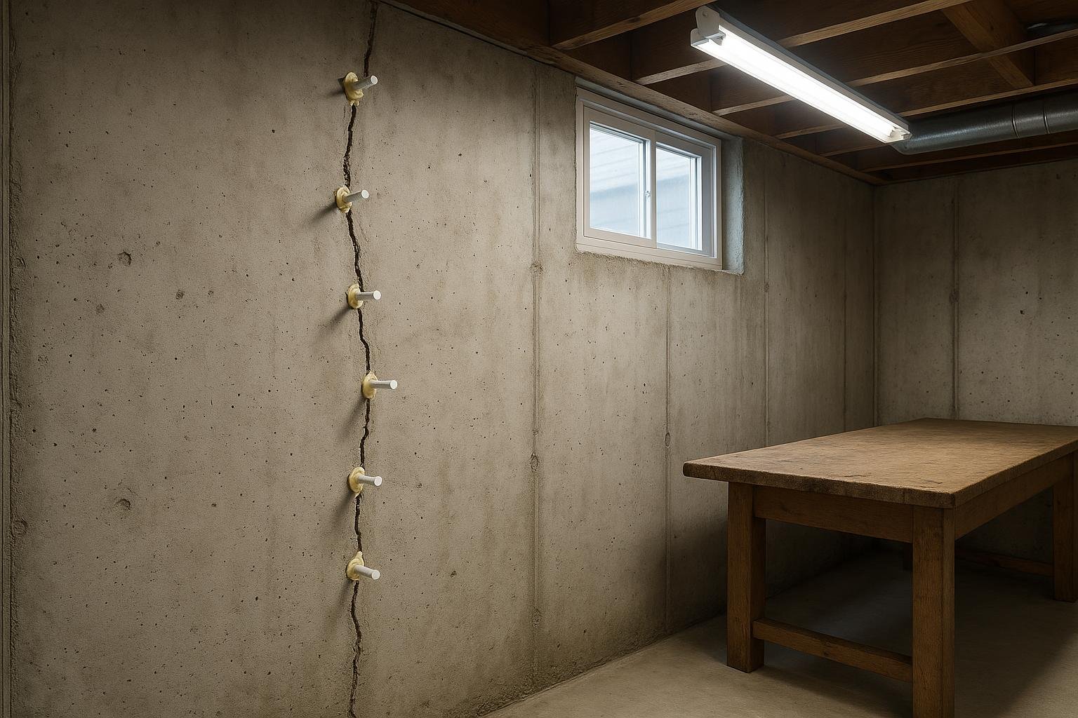 Interior concrete foundation wall beside a basement window showing injection ports installed for crack repair