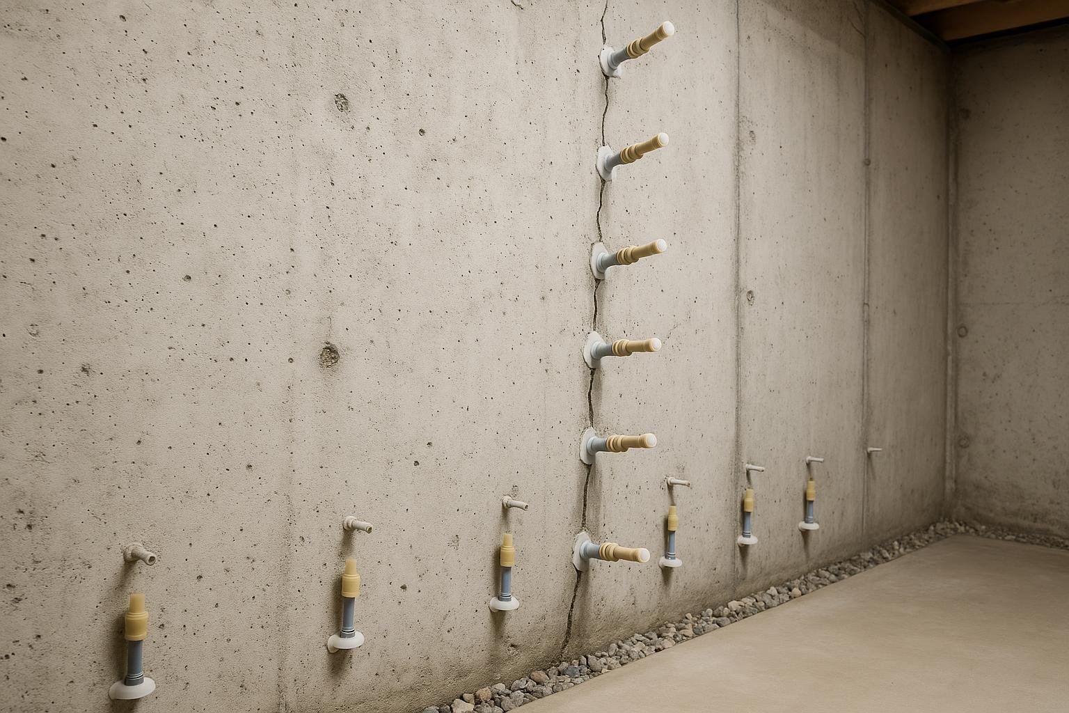Interior basement wall showing polyurethane injection ports installed along a vertical foundation crack