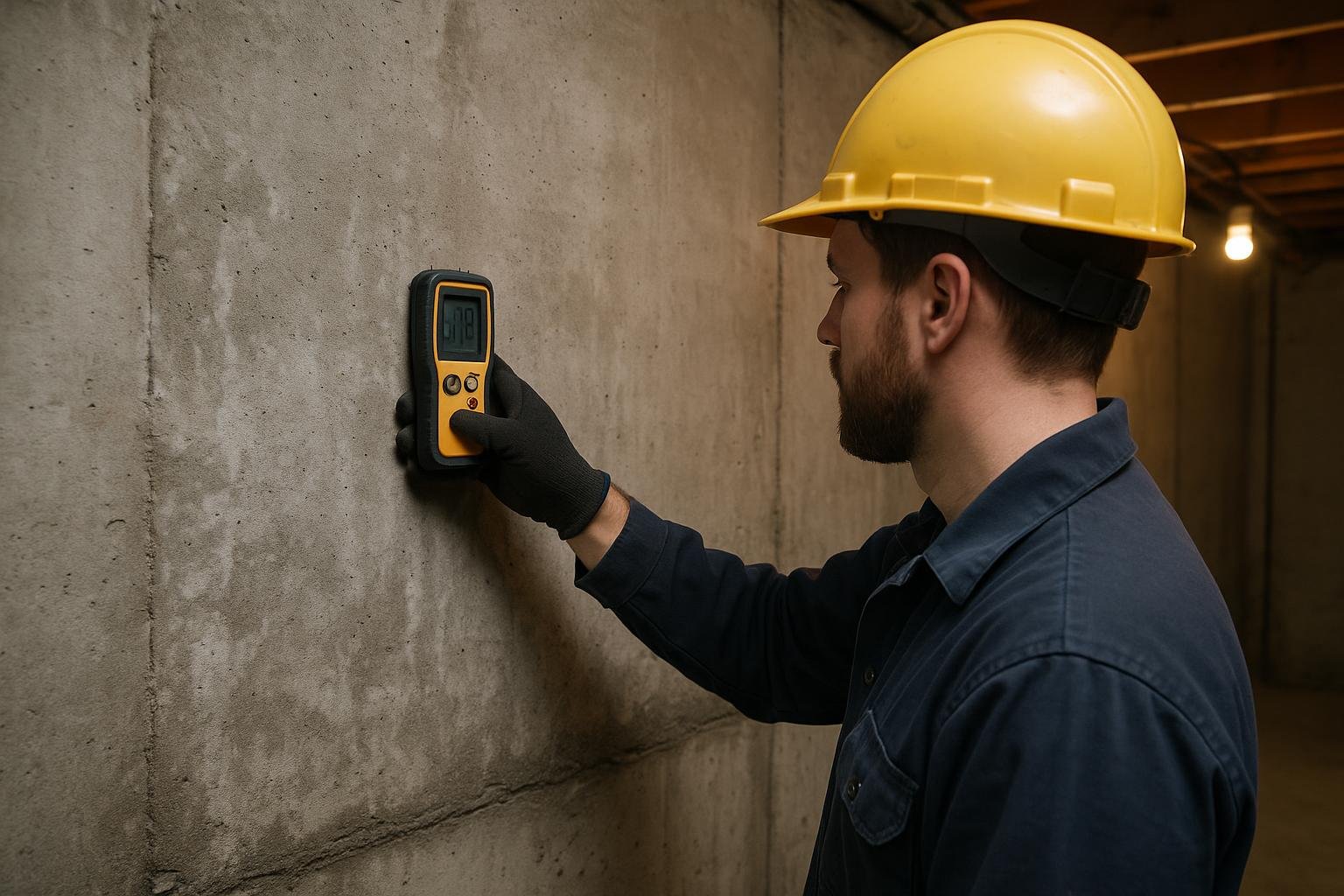Technician using a moisture meter to scan a damp concrete basement wall during an inspection