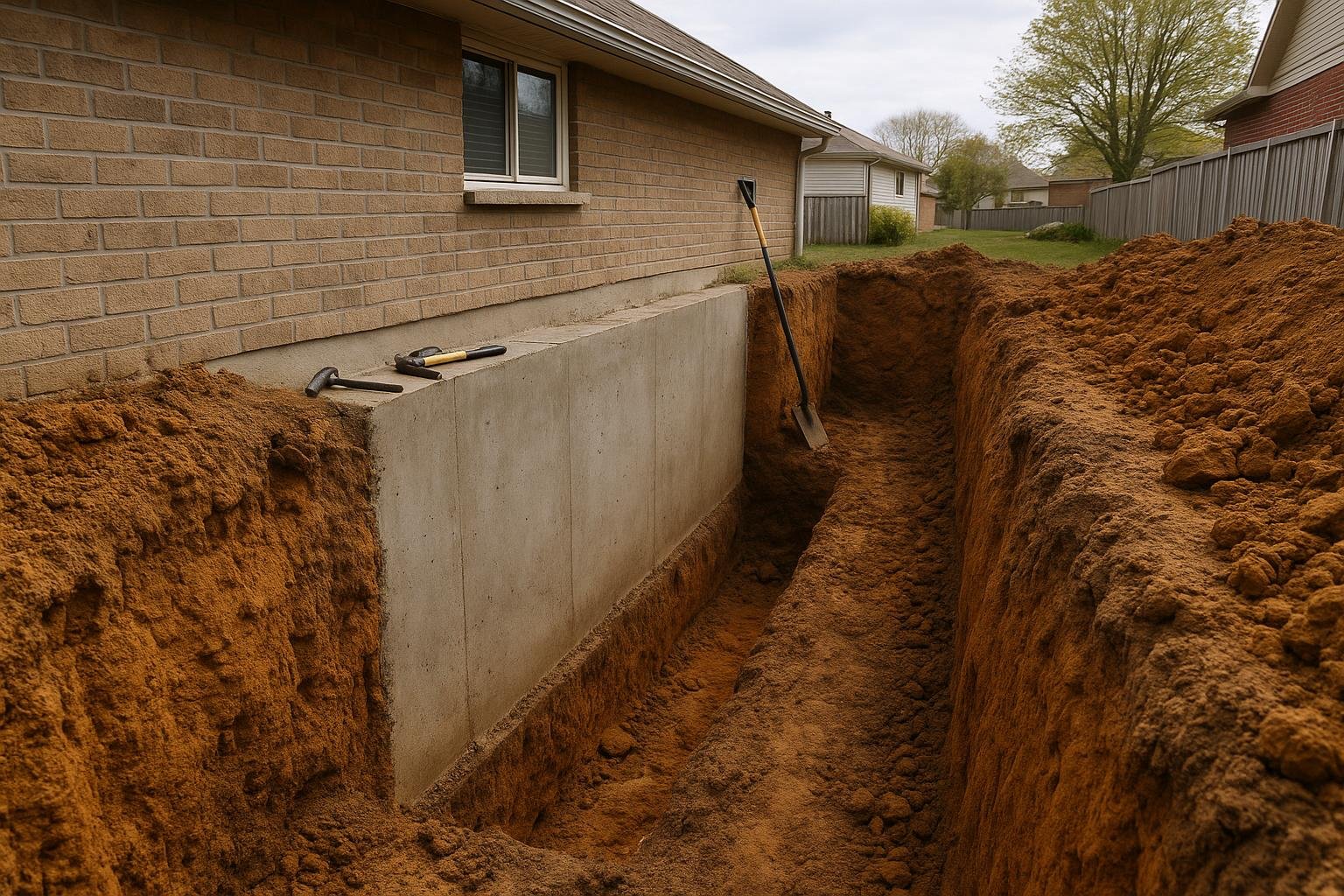 Excavated foundation trench beside a Richmond Hill home revealing dense clay soil against the concrete wall